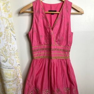 Express short/pleated pink/gold embroidered dress